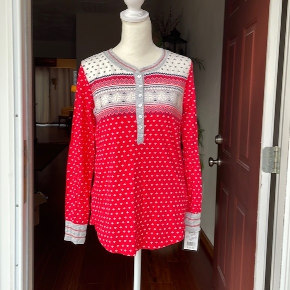 Cuddl Duds Sleepwear Womens Extra Small Red White Winter Snowflakes Shirt Soft - Picture 1 of 7
